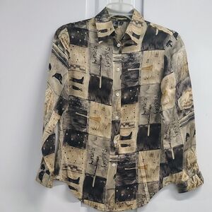 NEW VINTAGE EQUESTRIAN SILK BUTTON UP TOP SKETCHED HORSE & TACK THEME ISHYU Sz 2